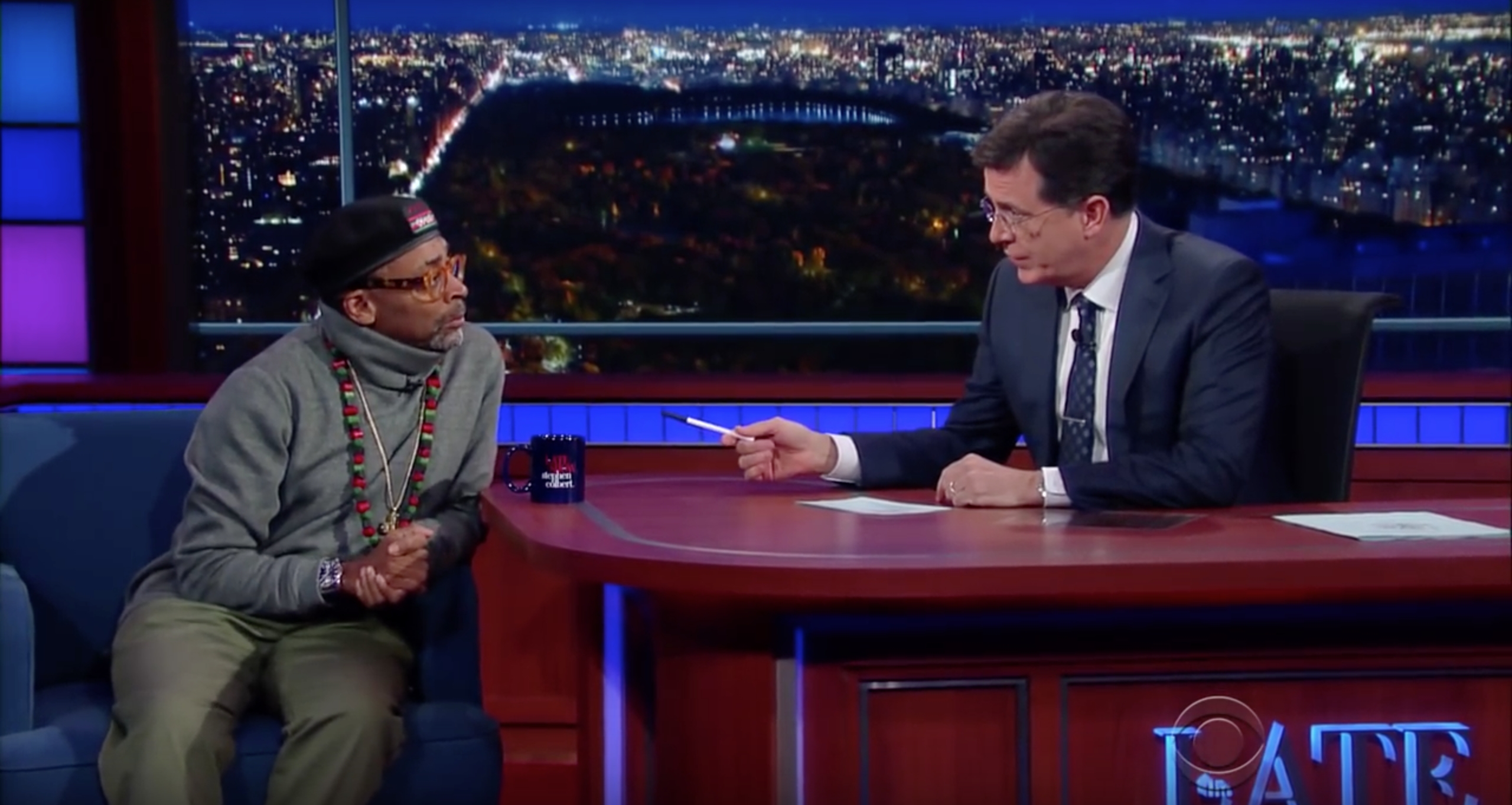 An image of Spike Lee, director with Stephen Colbert
